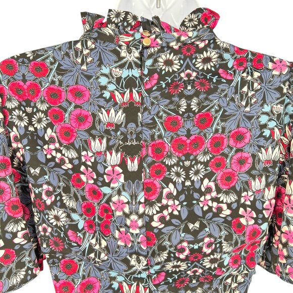 Julia Jordan Floral Ruffle Neck Flutter Sleeve Midi Dress Black Multi Size 2 - Picture 5 of 11